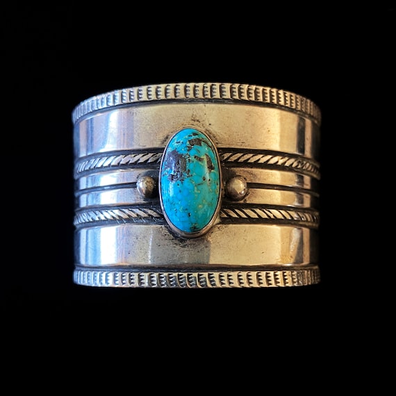 Beautiful Wide Silver and Turquoise Cuff by Navajo Silversmith Ambrose Lincoln (1917 - 1989)