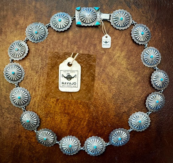 Rare Navajo Guild Silver and Turquoise Chain Link Belt w Paper Guild Tag