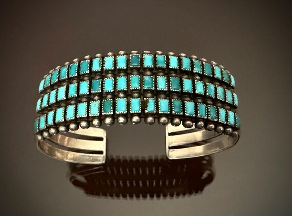 1930s Zuni 3 Row Bracelet with 57 Square Cut Turquoise Stones Size 6 3/4
