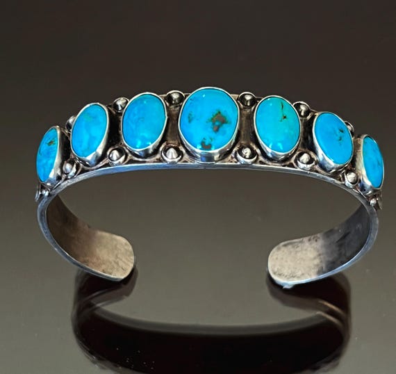 Fred Peshlakai Fine Blue Gem Row Bracelet Size 7, c.1940 Signed