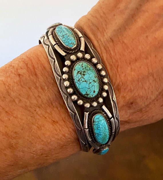 Navajo Silver Cuff w 5 Number 8 Turquoise Cabochons, Attribution: Ike Wilson, Unsigned