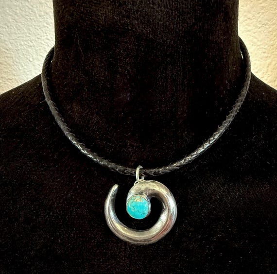 Zuni Infinity Circle of Life Silver and Turquoise Pendant on Braided Leather Necklace