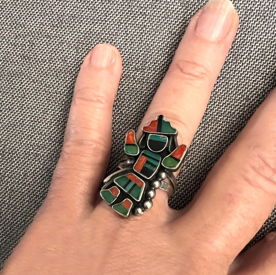 Vintage Zuni Rainbow Man Inlay Ring w Turquoise, Coral and Jet