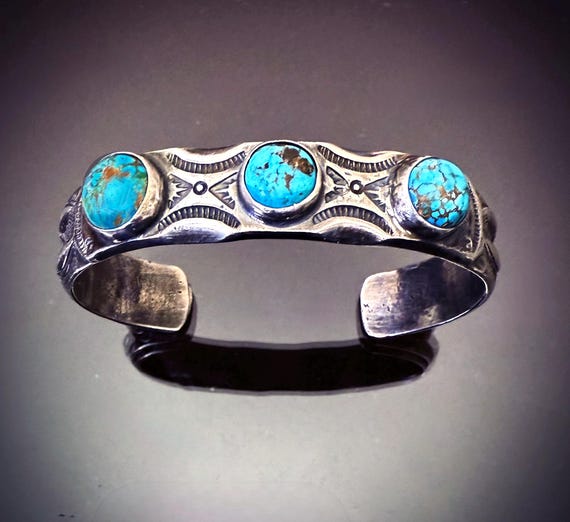 Navajo Ingot Silver Cuff Bracelet w 3 Round Turquoise Cabochons, Size 6 1/2 Circa 1930