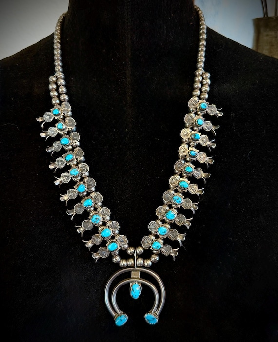 Zuni Silver and Turquoise Box-bow Squash Blossom Necklace, 24"