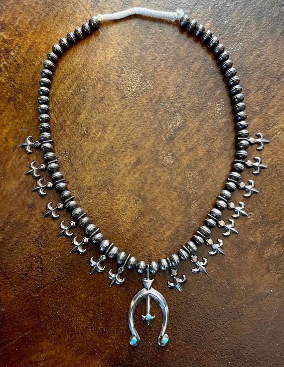 Navajo Silver Squash Blossom Necklace With Fleur De Lis  c. 1940