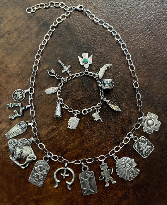 Sterling Silver Charm Necklace and Bracelet with Navajo and Native American Themed Charms