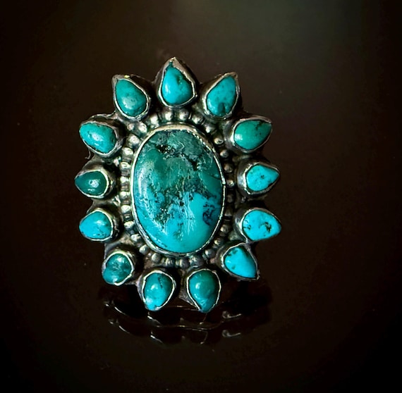 Early Navajo Turquoise Flower/ Cluster Ring circa 1910, Size 8 1/4