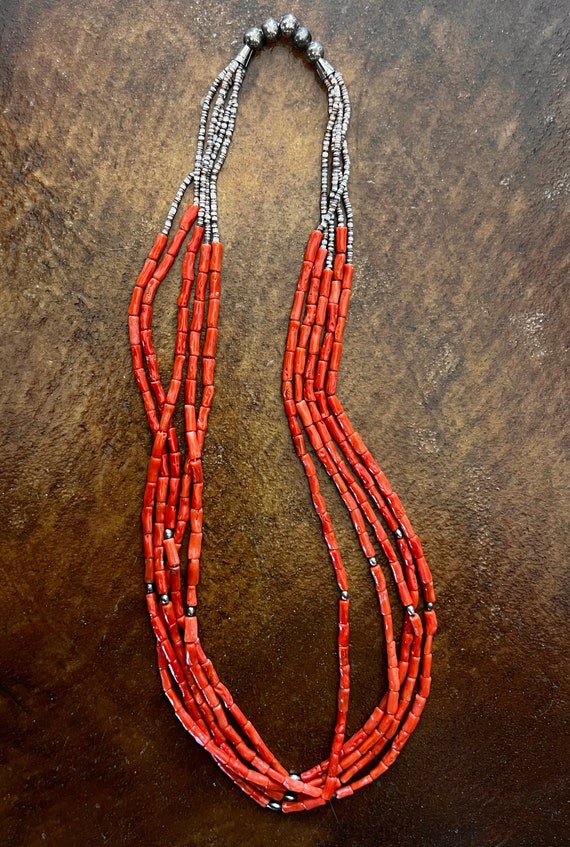 Vintage 5 Strand Coral Pueblo Necklace w SIlver Beads