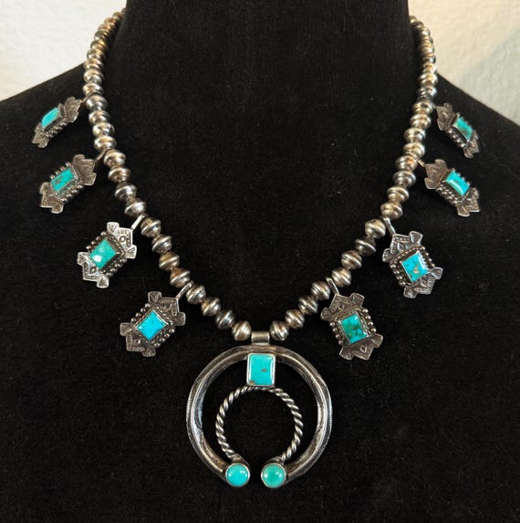 Navajo or Zuni "Box Bow" Squash Blossom Necklace w Turquoise  circa 1930-40
