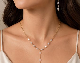 Pearl Jewelry Set | Lariat Necklace Drop Earrings | Handmade Bridal Gold | Wedding Gift for Her