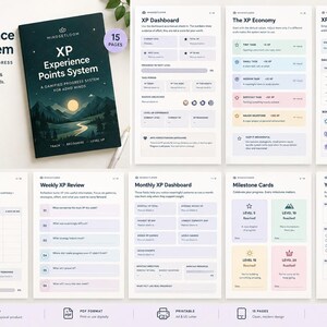 May include: A 15-page digital XP Experience Points System planner for ADHD minds, featuring a dark cover with a mountain landscape and moon, plus various printable dashboard pages including XP Dashboard, Economy, Weekly Momentum, and Milestone Cards.
