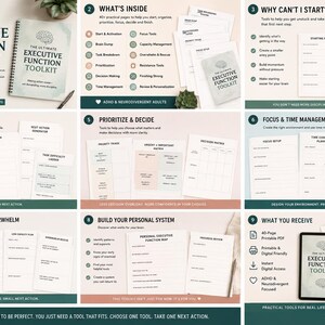 May include: A digital toolkit titled The Ultimate Executive Function Toolkit, featuring a spiral-bound planner and various printable pages for task management, prioritisation, and focus, designed with a clean layout and organised sections for neurodivergent adults.