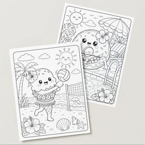 May include: Two black and white colouring pages with cartoon characters. One shows an ice cream cone playing volleyball on a beach, the other a donut relaxing by a pool. Both have smiling suns and tropical elements like palm trees and flowers.