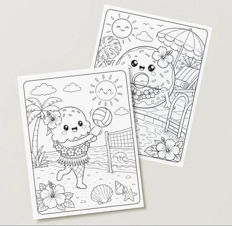 May include: Two black and white colouring pages with cartoon characters. One shows an ice cream cone playing volleyball on a beach, the other a donut relaxing by a pool. Both have smiling suns and tropical elements like palm trees and flowers.