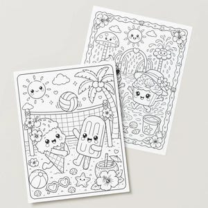 May include: Two black and white colouring pages with summer-themed illustrations. One shows an ice cream cone playing volleyball, and a popsicle. The other depicts a cupcake in a sun hat near a water feature. Both pages have a cute, cartoon style.