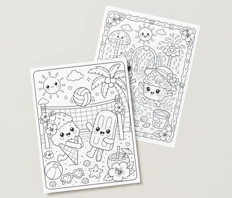 May include: Two black and white colouring pages with summer-themed illustrations. One shows an ice cream cone playing volleyball, and a popsicle. The other depicts a cupcake in a sun hat near a water feature. Both pages have a cute, cartoon style.