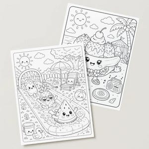 May include: Two black and white colouring pages with summer-themed illustrations. One shows a waterslide with smiling fruit characters, the other depicts a banana split with a cherry, a radio, and a beach scene.