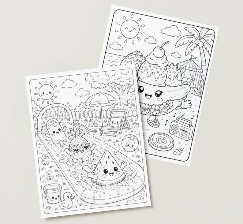 May include: Two black and white colouring pages with summer-themed illustrations. One shows a waterslide with smiling fruit characters, the other depicts a banana split with a cherry, a radio, and a beach scene.