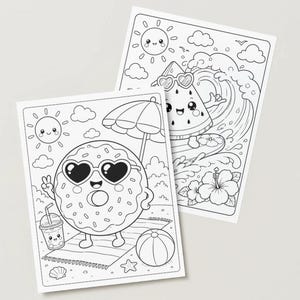 May include: Two black and white colouring pages with summer-themed illustrations. One shows a donut with heart-shaped sunglasses on a beach, and the other depicts a watermelon surfing a wave. Both have smiling suns and clouds.