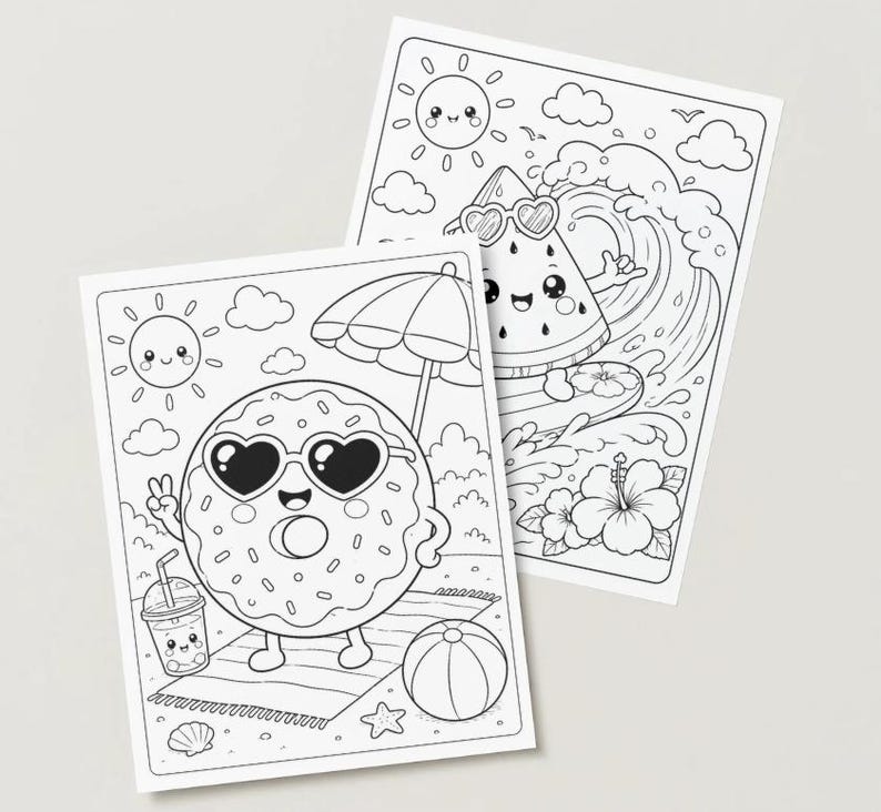 May include: Two black and white colouring pages with summer-themed illustrations. One shows a donut with heart-shaped sunglasses on a beach, and the other depicts a watermelon surfing a wave. Both have smiling suns and clouds.