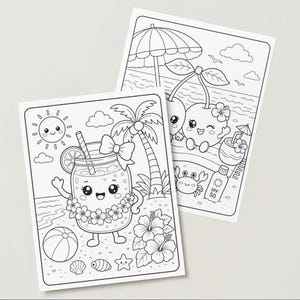 May include: Two black and white colouring pages with beach-themed illustrations. One shows a smiling drink with a flower lei, a beach ball, and a sun. The other depicts smiling cherries, a crab, and a beach scene with an umbrella.