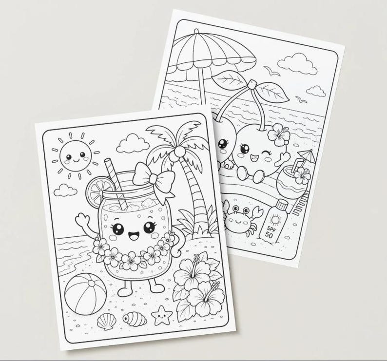 May include: Two black and white colouring pages with beach-themed illustrations. One shows a smiling drink with a flower lei, a beach ball, and a sun. The other depicts smiling cherries, a crab, and a beach scene with an umbrella.