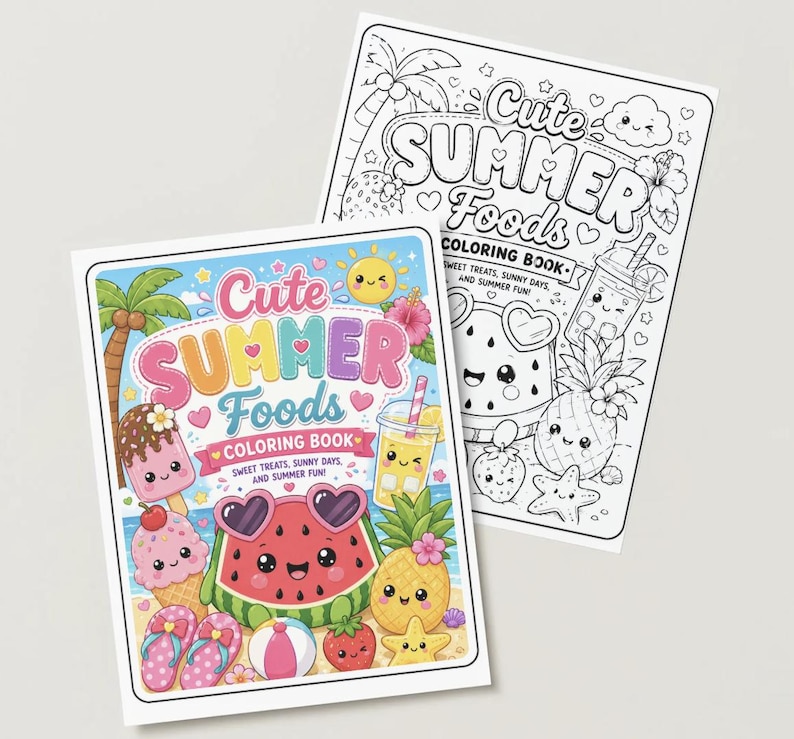 May include: Two colouring books titled "Cute Summer Foods". The covers feature colourful illustrations of summer treats like ice cream, watermelon, and pineapple. The second book is a black and white outline of the same theme.