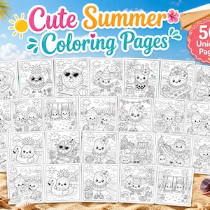 May include: A set of 50 unique coloring pages with summer-themed illustrations. The pages feature cute characters like pineapples and ice cream cones enjoying beach activities. The title "Cute Summer Coloring Pages" is displayed at the top.