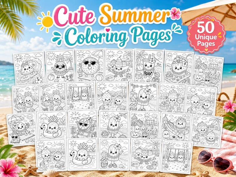 May include: A set of 50 unique coloring pages with summer-themed illustrations. The pages feature cute characters like pineapples and ice cream cones enjoying beach activities. The title "Cute Summer Coloring Pages" is displayed at the top.