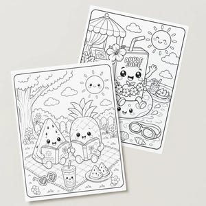 May include: Two summer-themed coloring pages. One shows a watermelon and pineapple reading books on a picnic blanket. The other depicts a smiling apple juice box floating in a pool. Both pages have a sunny day theme.