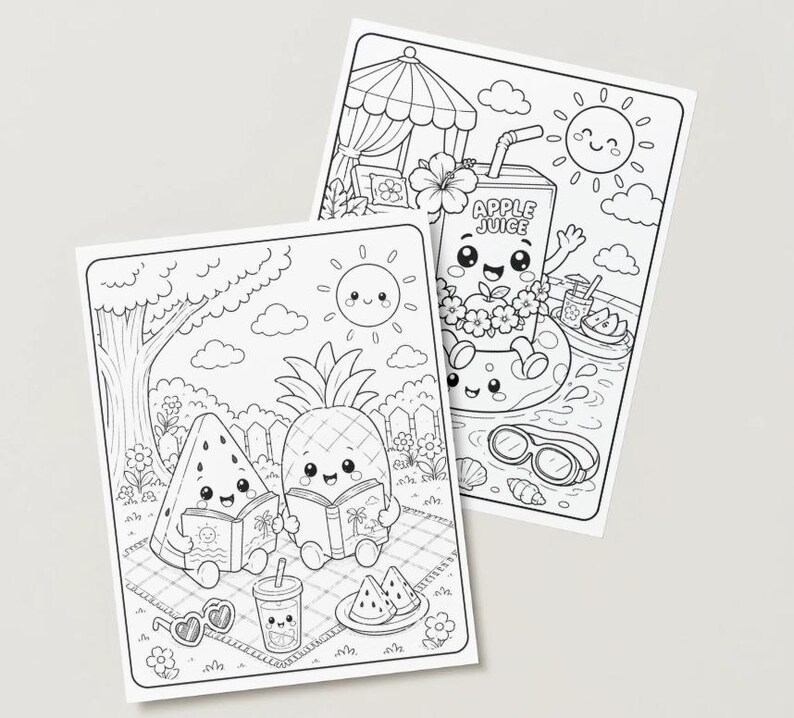 May include: Two summer-themed coloring pages. One shows a watermelon and pineapple reading books on a picnic blanket. The other depicts a smiling apple juice box floating in a pool. Both pages have a sunny day theme.