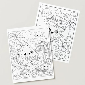 May include: Two black and white colouring pages with summer illustrations. One shows a smiling watermelon slice with a bow, the other depicts a smiling ice cream cone wearing a hat. Both have beach elements.