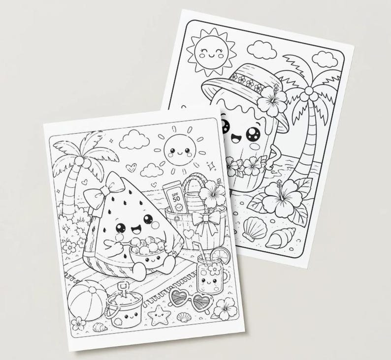 May include: Two black and white colouring pages with summer illustrations. One shows a smiling watermelon slice with a bow, the other depicts a smiling ice cream cone wearing a hat. Both have beach elements.
