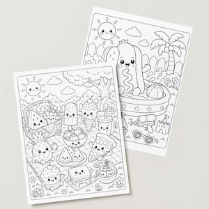 May include: Two black and white colouring pages with summer-themed illustrations. One page shows a picnic with smiling food items like watermelon, pineapple, and cupcakes. The other depicts a hot dog in a pool, a water gun, and a beach scene.