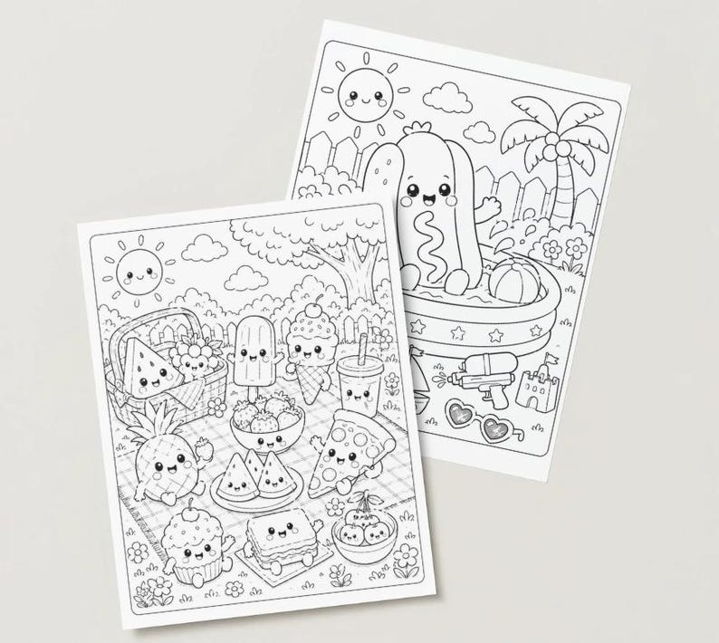May include: Two black and white colouring pages with summer-themed illustrations. One page shows a picnic with smiling food items like watermelon, pineapple, and cupcakes. The other depicts a hot dog in a pool, a water gun, and a beach scene.