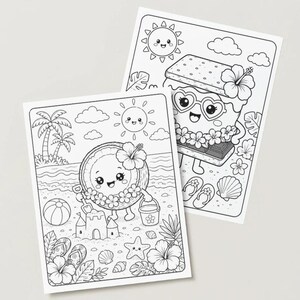 May include: Two black and white colouring pages with summer-themed illustrations. One shows a smiling coconut character building a sandcastle, and the other depicts a smiling ice cream sandwich character. Both have floral accents.