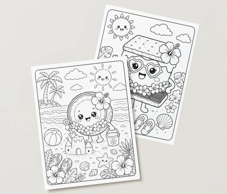 May include: Two black and white colouring pages with summer-themed illustrations. One shows a smiling coconut character building a sandcastle, and the other depicts a smiling ice cream sandwich character. Both have floral accents.