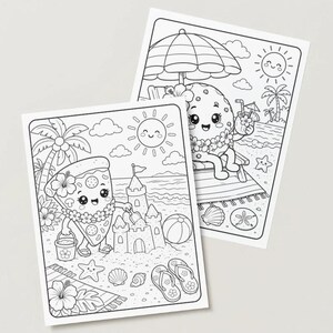 May include: Two black and white colouring pages featuring cartoon food characters at the beach. One shows a pizza slice with a bucket and sandcastle. The other shows a cookie with a drink under an umbrella. Includes beach elements.