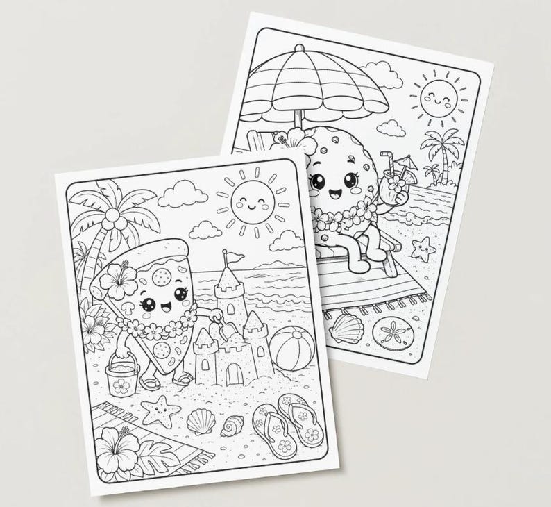 May include: Two black and white colouring pages featuring cartoon food characters at the beach. One shows a pizza slice with a bucket and sandcastle. The other shows a cookie with a drink under an umbrella. Includes beach elements.