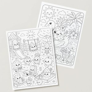 May include: Two black and white colouring pages featuring cartoon food characters enjoying summer activities. One page shows a playground scene with a slide, swings, and seesaw. The other page depicts a pineapple on a swan float.