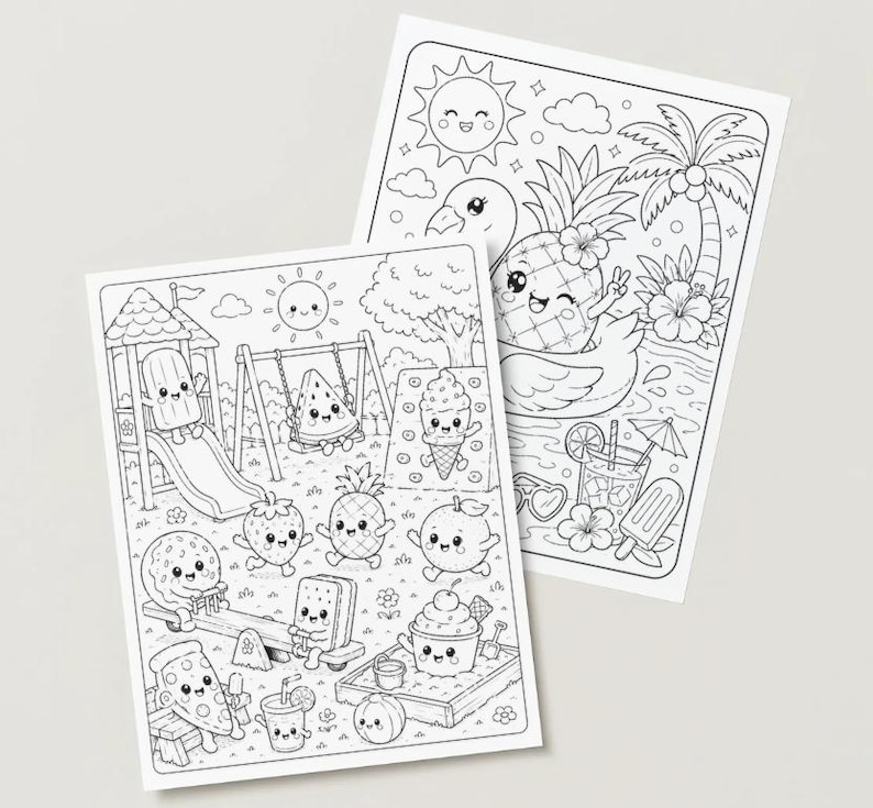 May include: Two black and white colouring pages featuring cartoon food characters enjoying summer activities. One page shows a playground scene with a slide, swings, and seesaw. The other page depicts a pineapple on a swan float.