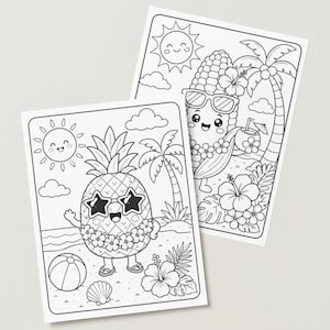 May include: Two black and white colouring pages featuring cartoon characters. One shows a pineapple wearing sunglasses, a flower lei, and sandals on a beach. The other shows a corn character with sunglasses, a lei, and a coconut drink.