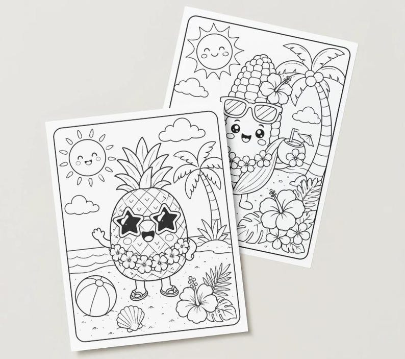 May include: Two black and white colouring pages featuring cartoon characters. One shows a pineapple wearing sunglasses, a flower lei, and sandals on a beach. The other shows a corn character with sunglasses, a lei, and a coconut drink.