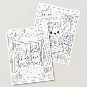 May include: Two black and white colouring pages with summer-themed illustrations. One shows a watermelon and pineapple on a swing set, the other a watermelon with sunglasses on a beach with a drink and palm tree.