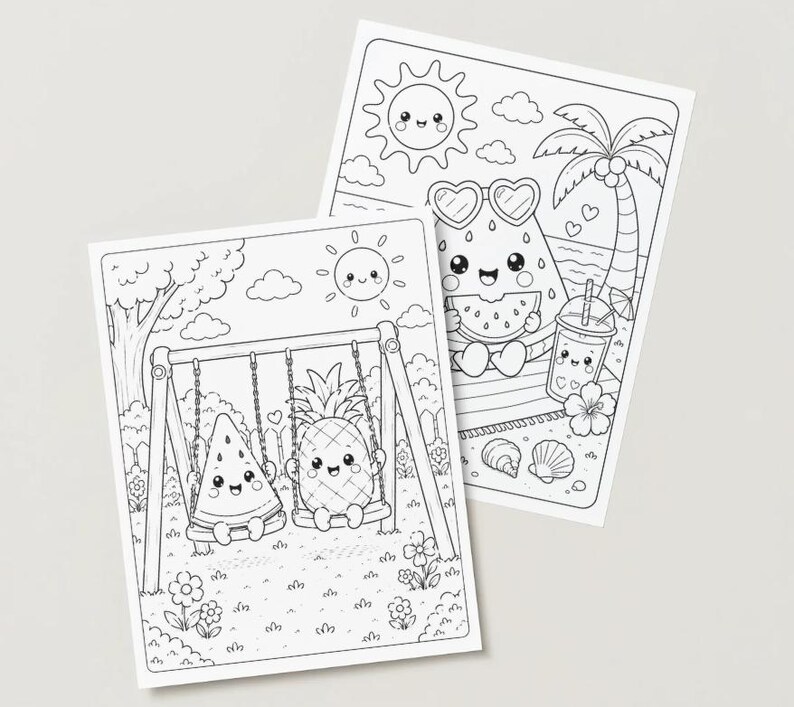 May include: Two black and white colouring pages with summer-themed illustrations. One shows a watermelon and pineapple on a swing set, the other a watermelon with sunglasses on a beach with a drink and palm tree.