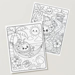 May include: Two black and white colouring pages depicting tropical summer scenes. One shows a smiling coconut in a hammock, the other a smiling smoothie on a waterslide. Palm trees, sun, clouds, and beach elements are also included.