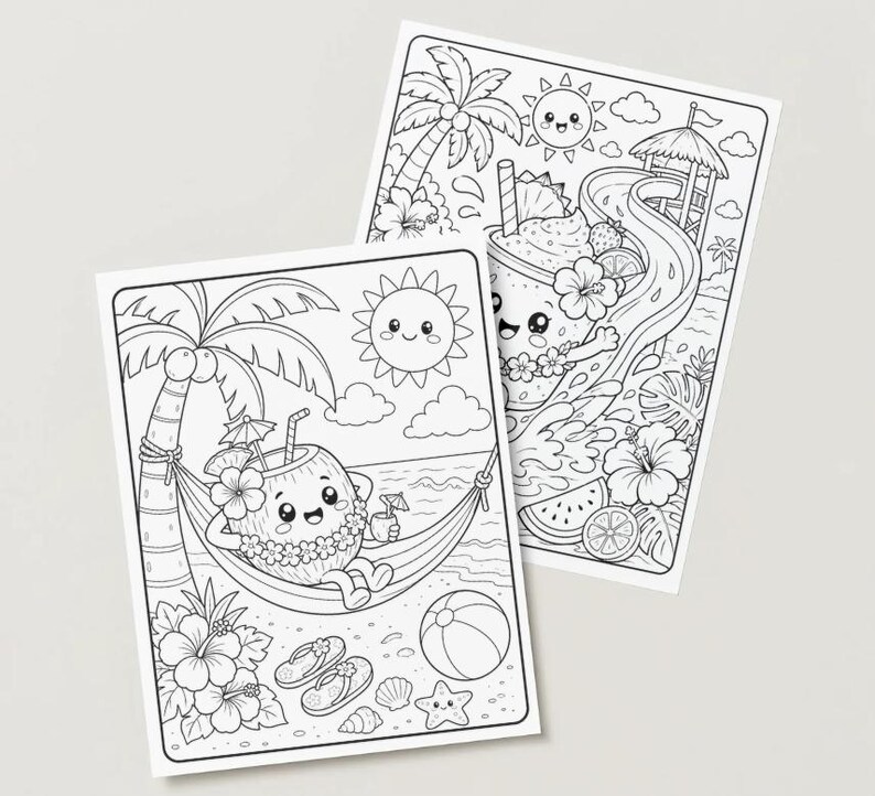 May include: Two black and white colouring pages depicting tropical summer scenes. One shows a smiling coconut in a hammock, the other a smiling smoothie on a waterslide. Palm trees, sun, clouds, and beach elements are also included.