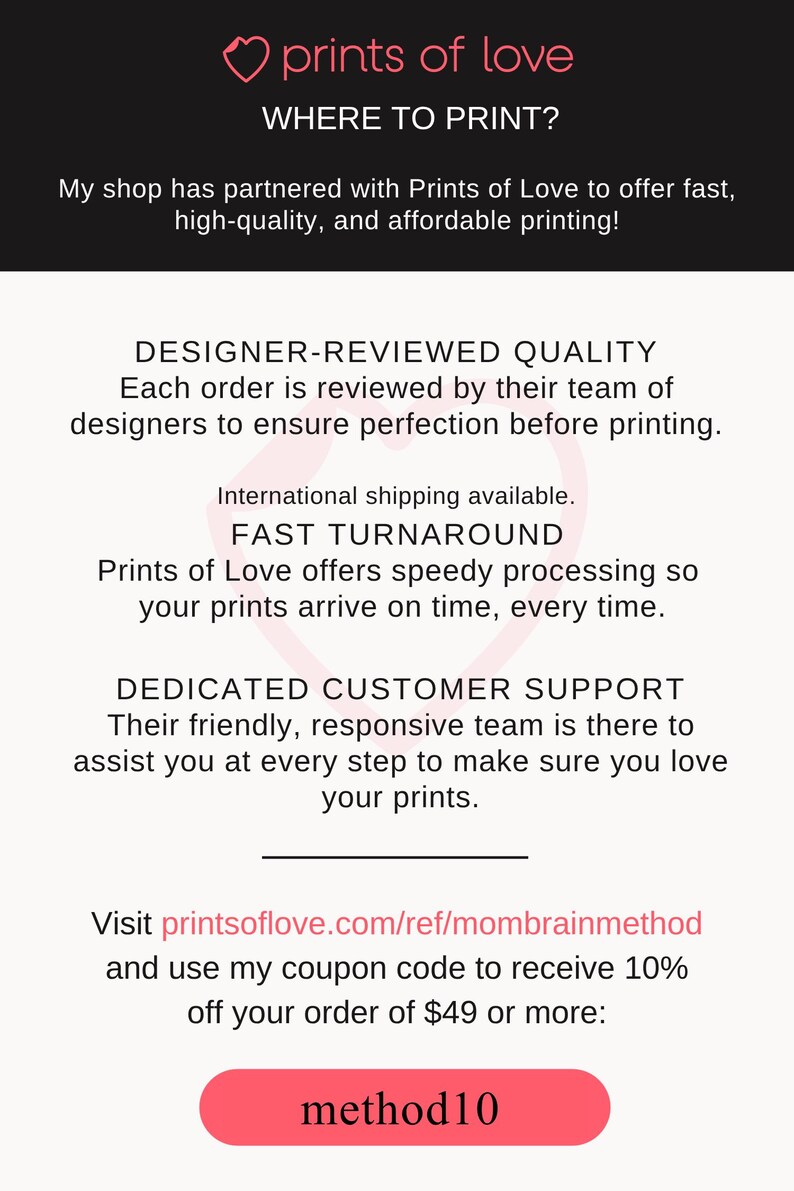 May include: An advertisement for Prints of Love, a printing service. The image displays the Prints of Love logo, a heart-shaped design, and text promoting quality, fast turnaround, and customer support. A coupon code for a discount is also included.