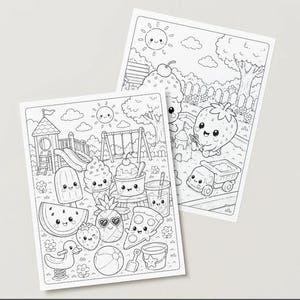 May include: Two black and white colouring pages with summer-themed illustrations. One page shows a playground with smiling ice cream, watermelon, and other food items. The other page depicts a strawberry and other food items.